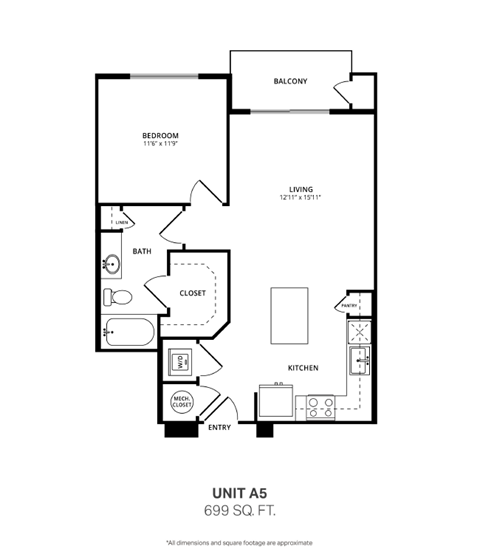 Floor plan for 1 bed, 1 bath, 699 sqft